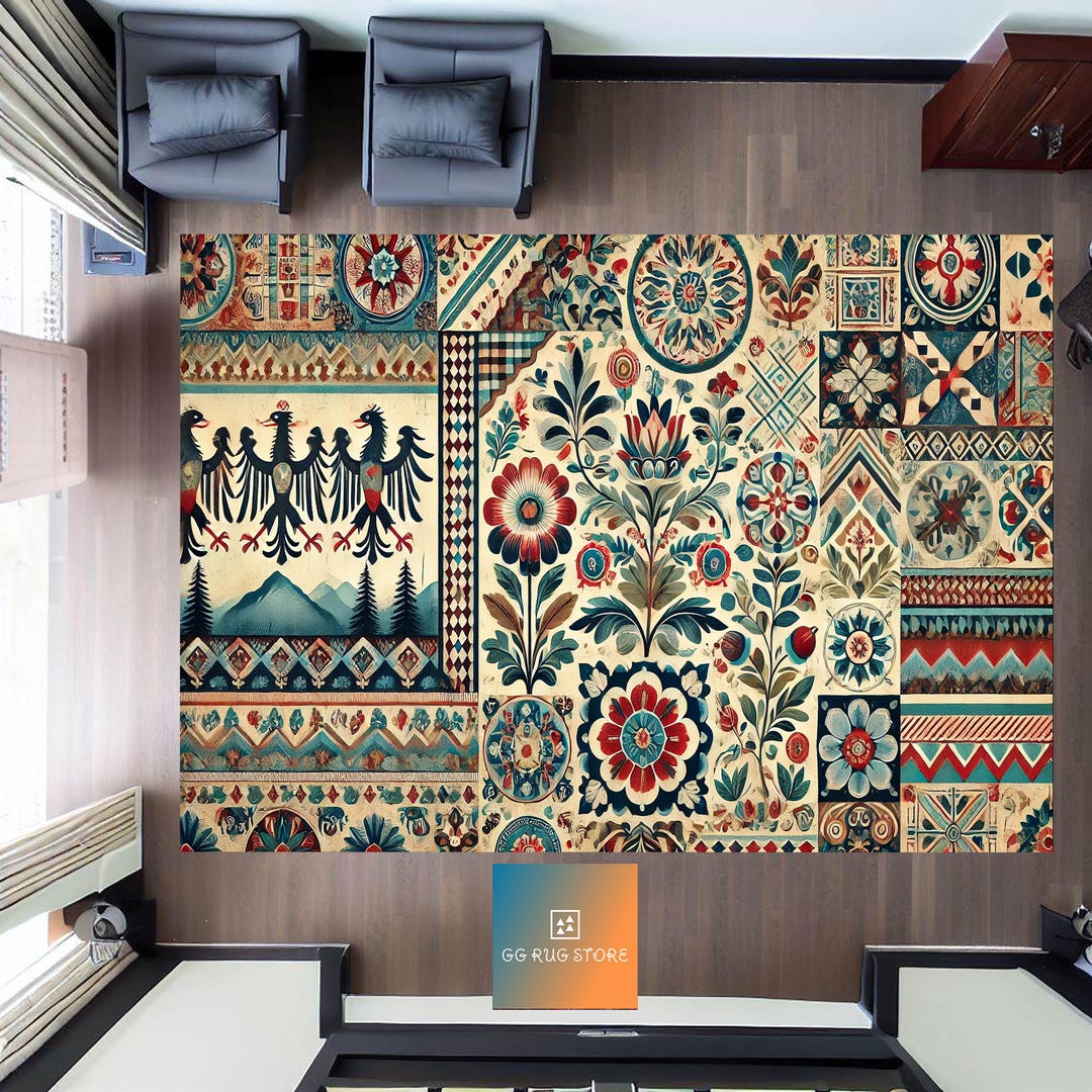 Bavarian Folk Art Rug, German Traditional Print, Floral Motifs, Rustic ...