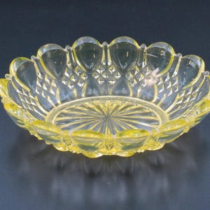 May include: A yellow glass dish with a scalloped rim and a diamond pattern. The dish has a circular base with a starburst design. The glass is transparent, allowing light to pass through.
