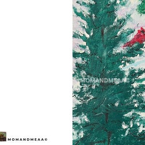 May include: A greeting card featuring a winter landscape painting. The artwork depicts a snow-covered scene with evergreen trees and a bright red cardinal perched on a branch. The artist's name, MOMANDMEAA, is visible.