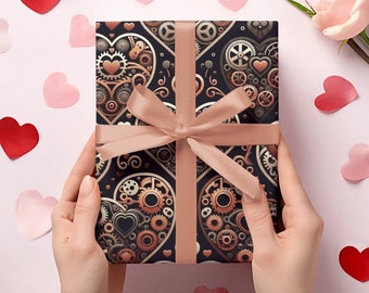 Victorian Steampunk Heart Wrapping Paper - Premium Valentine's Day Gift Wrap - Sizes 30x36, 30x72, 30x180
