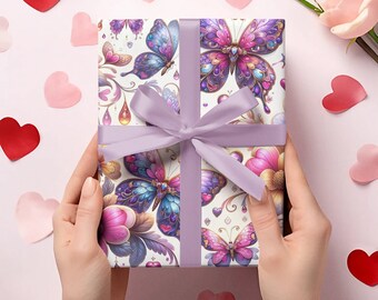 Enchanted Butterflies Love Wrapping Paper - Premium Valentine's Day Gift Wrap - Sizes 30x36, 30x72, 30x180