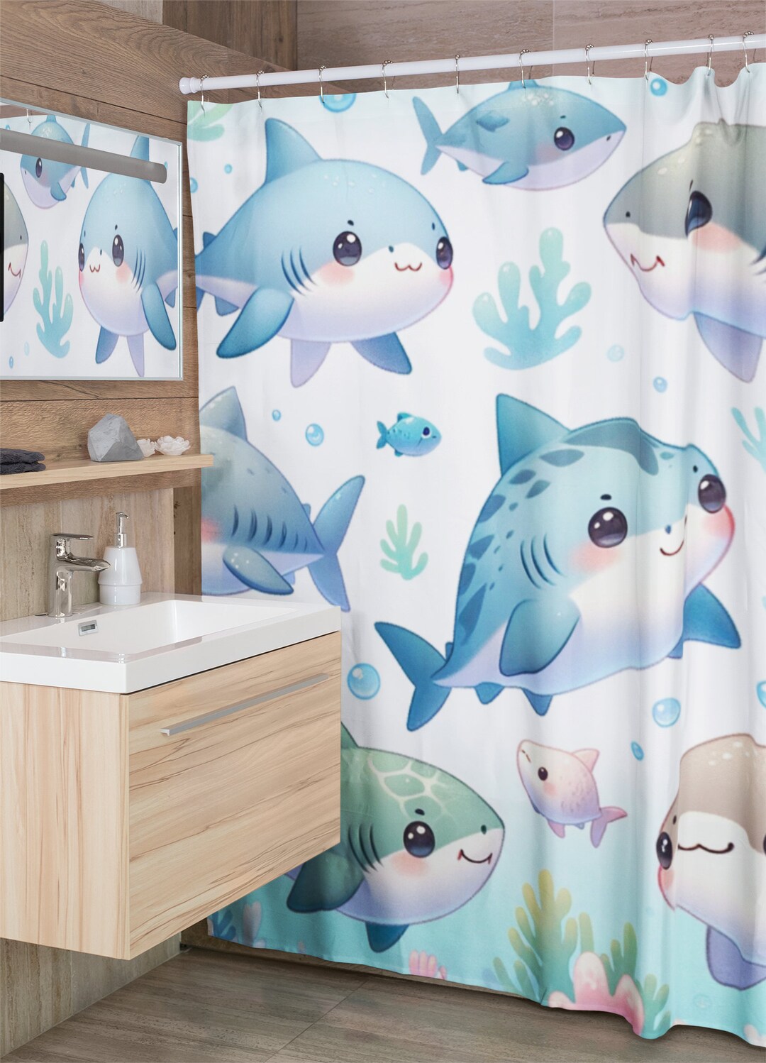 Cartoon Sharks Shower Curtain 71x74 Kids Bathroom Decor Fun Etsy
