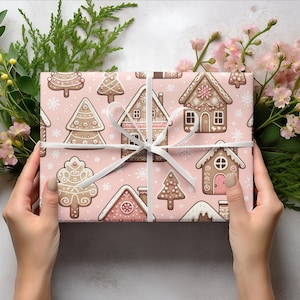 Gingerbread Houses and Christmas Trees on Pastel Pink Wrapping Paper I Holiday Gift Wrap I Wrapping Paper 30x36, 30x72, 30x180