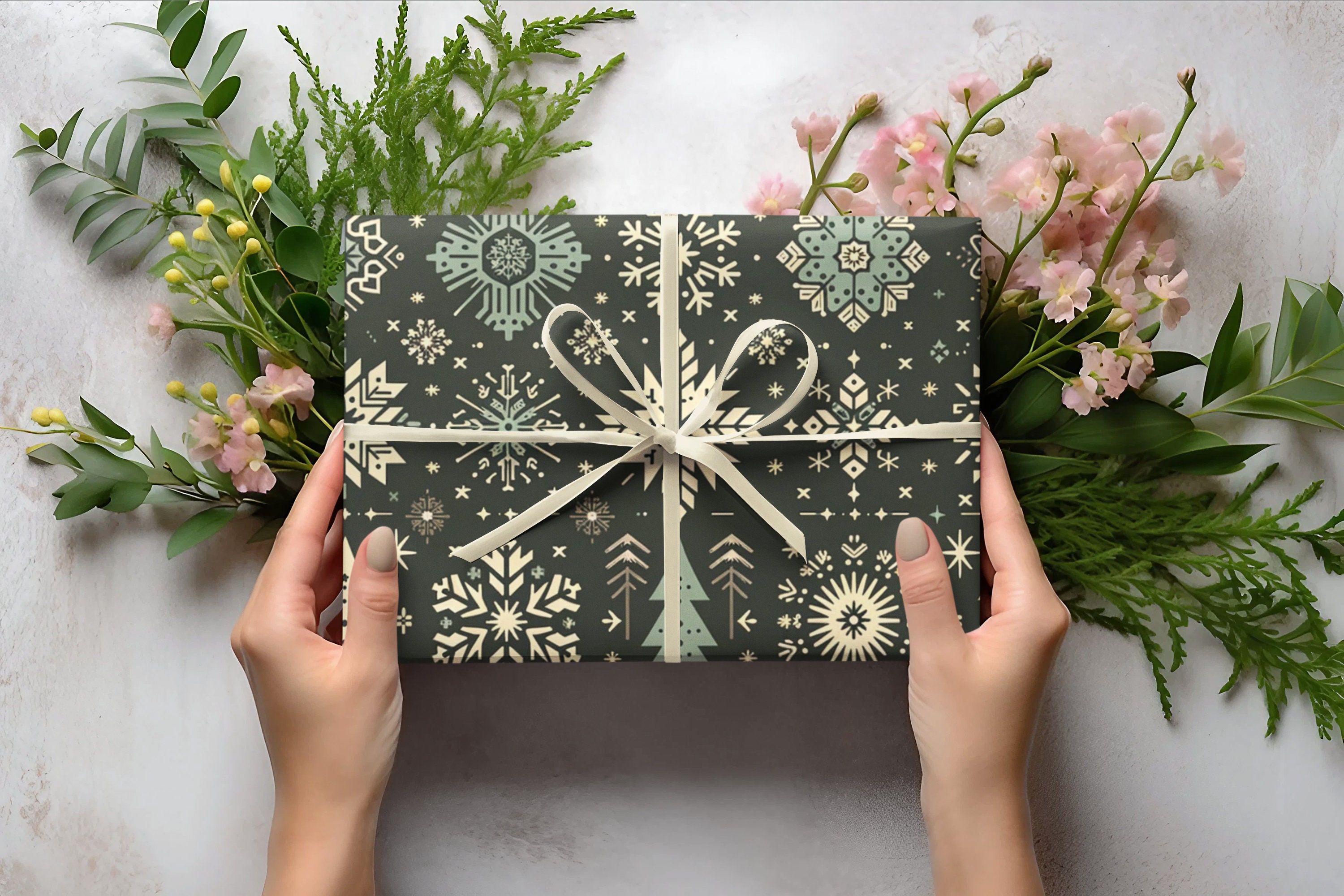 Christmas Gift Wrapping Paper Xmas Tree Snowflake Print Vintage