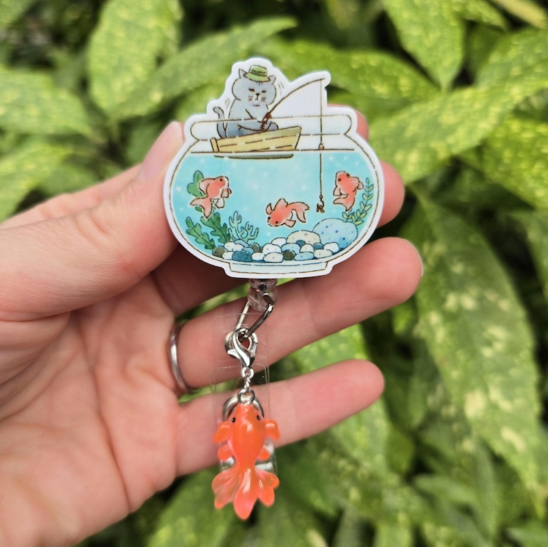 Cat Fishing With Fish Charm Badge Reel - Etsy