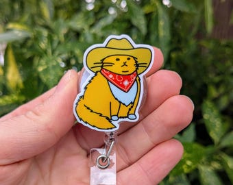 Handmade Cat Western Cowboy Cowgirl Badge Reel – Alligator, Belt, MRI Safe Clip Options