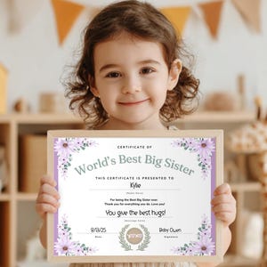 Best Big Sister Certificate, Big Sister Award, Sister Gift, Big Sister Congratulations Gift, Big Little Reveal, Baby Shower Gift for Big Sis