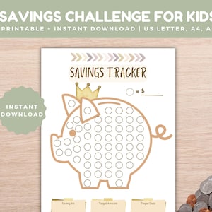 Könnte beinhalten: Ein druckbarer Sparplan für Kinder mit einem Comic-Sparschwein mit Krone. Der Plan hat ein Raster mit Kreisen, die beim Sparen ausgemalt werden können. Der Text "Sparplan" steht oben auf der Seite. Der Text "= € " steht neben einem Kreis, um den Geldbetrag anzugeben, den jeder Kreis darstellt.