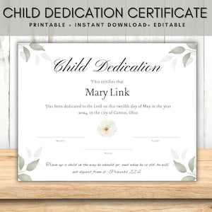 Certificado de dedicación de niño editable, Certificado de dedicación de bebé, Certificado de bautismo personalizado, Certificado de dedicación de niño imprimible