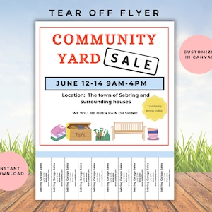 Community Yard Sale editable tear off flyer, Neighborhood garage sale flyer printable, sale event template, church fundraiser flyer custom