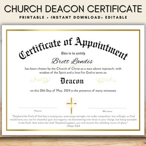 Editable Church Deacon Certificate of Appointment Church Printable