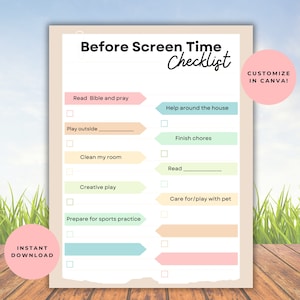 Editable Screen Time Checklist, Before screen time chart, kids daily screen time checklist, Screen time chore chart, Screen time rules