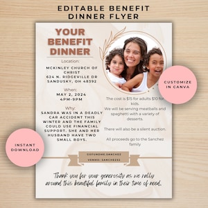 Editable Benefit Dinner flyer, custom charity event flyer, spaghetti dinner flyer template, Dinner fundraiser flyer, benefit auction flyer