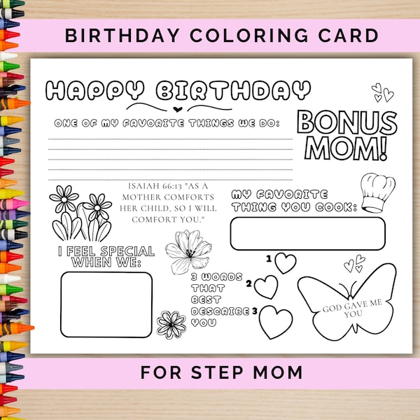 Step Mom Birthday Coloring Card, Bonus mom birthday gift idea, Card from kids, Stepmother birthday card printable, Birthday placemat for mom