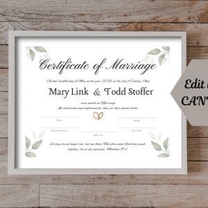 Bearbeitbare Heiratsurkunde Vorlage, Benutzerdefinierte Heiratsurkunde, druckbare Hochzeitsurkunde, Canva Hochzeitsandenken