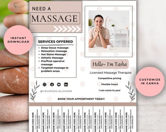 Editable Massage Therapy Business Flyer, Printable Massage business flyer, Massage Therapy Tear off flyer, Custom Massage Business Promotion