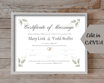 Editable Marriage Certificate Template, Custom Certificate of Marriage, Printable Wedding Certificate, Canva Wedding Keepsake