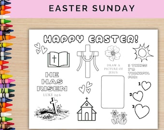 Easter Christian Coloring Placemat, Activity Placemat, Easter Sunday Coloring page, Sunday School Easter Activity, Bible Verse for Easter