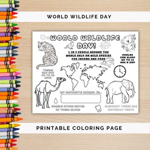 Werelddierendag kleurplaat, placemat natuuractiviteiten, 3 maart natuurdag, afdrukbare placemat voor studenten