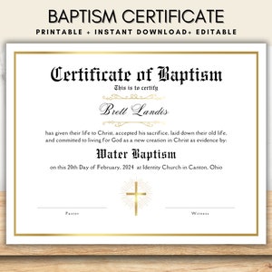 Plantilla de certificado de bautismo editable, certificado de bautismo imprimible, certificado de bautismo personalizado, plantilla de la iglesia Canva, regalo de bautismo
