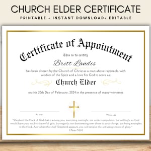 Editable Church Elder Certificate of Appointment, Church Printable Certificate of Appreciation, Church Leadership, Canva Church Template