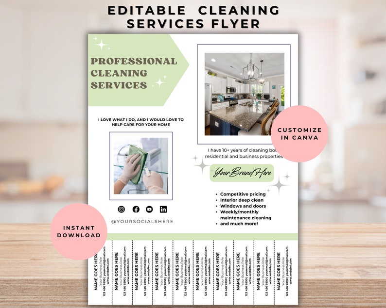 May include: Editable cleaning services flyer with a green and white color scheme. The flyer features a photo of a kitchen and a person cleaning a surface. The text on the flyer says "Professional Cleaning Services" and "Customize in Canva".