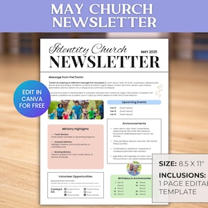 Plantilla de boletín informativo de la iglesia de mayo, boletín informativo de mayo en formato Canva editable, boletines informativos mensuales de la iglesia, boletín de la iglesia editable, folleto de la iglesia imprimible