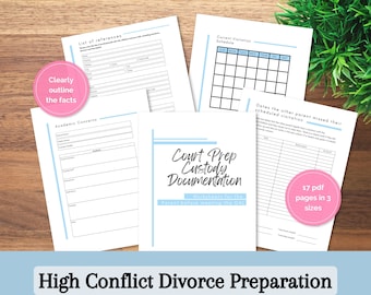 May include: A set of printable worksheets for preparing for a custody hearing. The worksheets are titled "Court Prep Custody Documentation" and include sections for listing references, outlining facts, academic concerns, current visitation schedule, and dates the other parent missed scheduled visitation. The worksheets are designed for parents before meeting with the GAL.