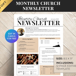 May include: A beige and white church newsletter template with the text "Identity Church Newsletter" and "January 2025". The template includes sections for a message from the pastor, ministry highlights, upcoming events, and announcements. The size is 8.5 x 11 inches.