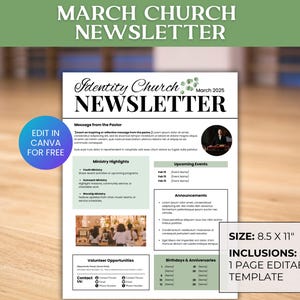 May include: A newsletter template with the text "March Church Newsletter" at the top. The design includes sections for a message from the pastor, ministry highlights, upcoming events, announcements, volunteer opportunities, and birthdays & anniversaries. The template is 8.5 x 11 inches.