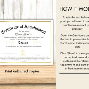 May include: A gold and white certificate of appointment with a gold cross. The text reads "Certificate of Appointment", "This is to certify", "Brett Landis", "has been chosen by the Church of Christ as a man above reproach, with wisdom of the Spirit and a love for God to serve as", "Deacon", "on this 20th Day of May, 2024 in the presence of many witnesses", "Print unlimited copies!"