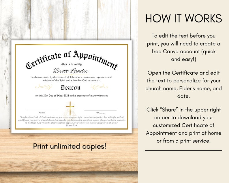 May include: A gold and white certificate of appointment with a gold cross. The text reads "Certificate of Appointment", "This is to certify", "Brett Landis", "has been chosen by the Church of Christ as a man above reproach, with wisdom of the Spirit and a love for God to serve as", "Deacon", "on this 20th Day of May, 2024 in the presence of many witnesses", "Print unlimited copies!"