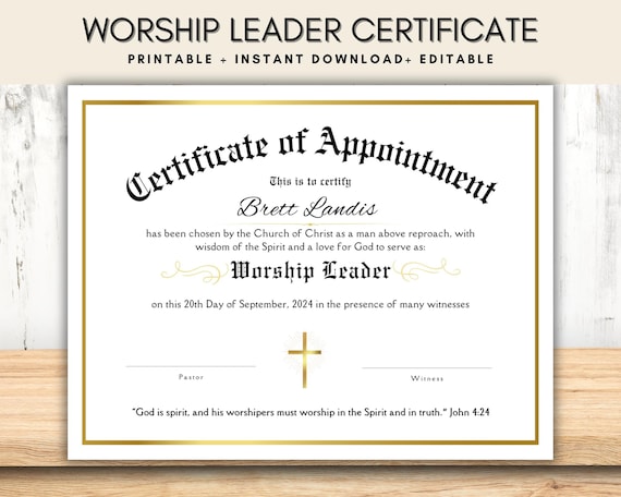 Worship Leader Certificate Editable, Certificate for Church, Worship Leader Gift Idea, Pastor Appreciation Template, Praise and Worship
