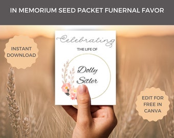 Funeral Favors Seed Packet Custom, Printable Funeral Flower Favor Keepsake, Editable Memorial Guest Gift Idea, Celebration of Life Idea,
