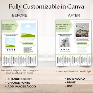May include: Before and after images showing a customizable flyer template for professional cleaning services. The before image shows a simple design with a green and blue landscape. The after image shows a more professional design with a photo of a kitchen and a list of services offered. The text on the flyer says "Professional Cleaning Services" and "Your Brand Here".
