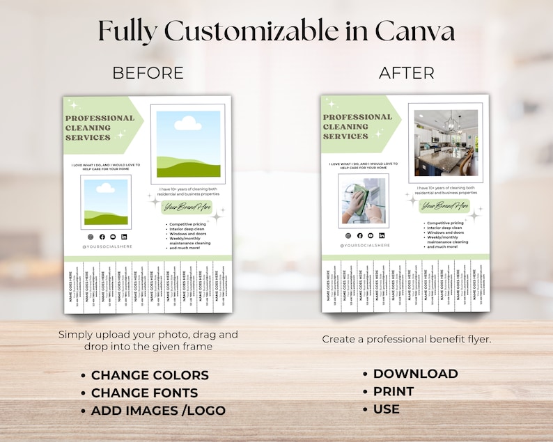 May include: Before and after images showing a customizable flyer template for professional cleaning services. The before image shows a simple design with a green and blue landscape. The after image shows a more professional design with a photo of a kitchen and a list of services offered. The text on the flyer says "Professional Cleaning Services" and "Your Brand Here".