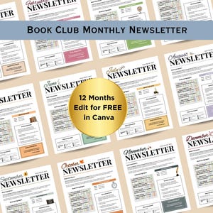 Boletín del club de lectura, boletín del bibliotecario, plantilla de boletín de 12 meses, plantilla de boletín editable, club de lectura, boletín mensual