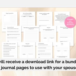 May include: A set of 12 printable journal pages for couples. The pages include prompts for reflection, communication, and growth. The text "12 pages you instantly download" is visible in the image.