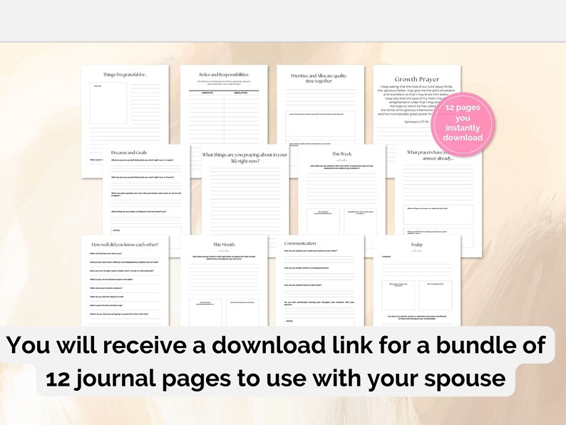 May include: A set of 12 printable journal pages for couples. The pages include prompts for reflection, communication, and growth. The text "12 pages you instantly download" is visible in the image.