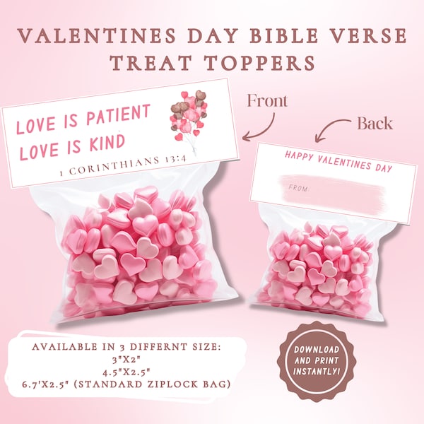 Valentine's Day Christian Treat Bag Topper, Bible Verse Valentine treat topper, Religious Valentine printable, Valentine treat bag gift idea