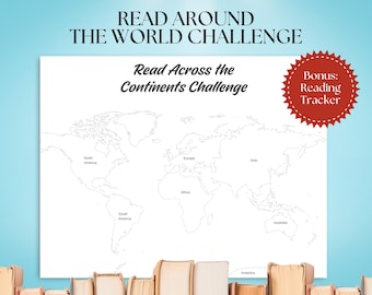 May include: A white world map with continents labeled, designed for a reading challenge. Text at the top reads "Read Around The World Challenge" and "Read Across the Continents Challenge." A red bonus reading tracker is included.