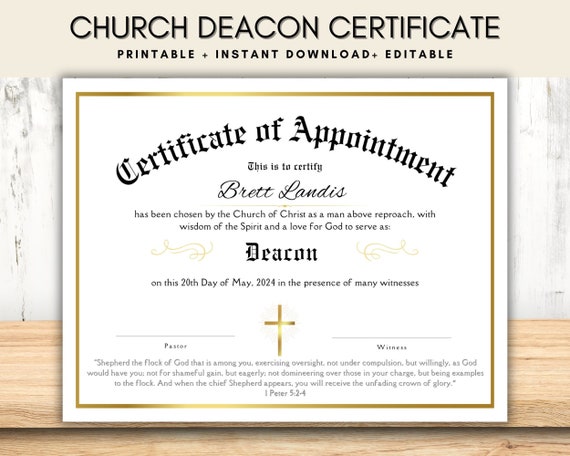Editable Church Deacon Certificate of Appointment, Church Printable Certificate of Appreciation, Church Leadership, Canva Church Template