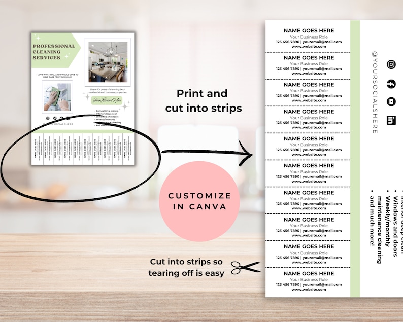 May include: A printable template for creating tear-off business cards. The template features a green and white background with the text "@YOURSOCIALSHERE" and "NAME GOES HERE" along with contact information. The template is designed to be printed, cut into strips, and customized in Canva.