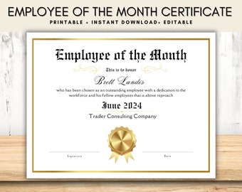 Certificado editable de Empleado del Mes, Plantilla de reconocimiento al empleado, Premio al Empleado del Mes, Plantilla de certificado de reconocimiento