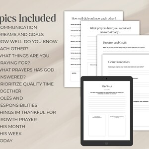 May include: A printable worksheet with a list of topics for couples to discuss, including communication, dreams and goals, and prioritizing quality time together. The worksheet also includes prompts for reflection and prayer.