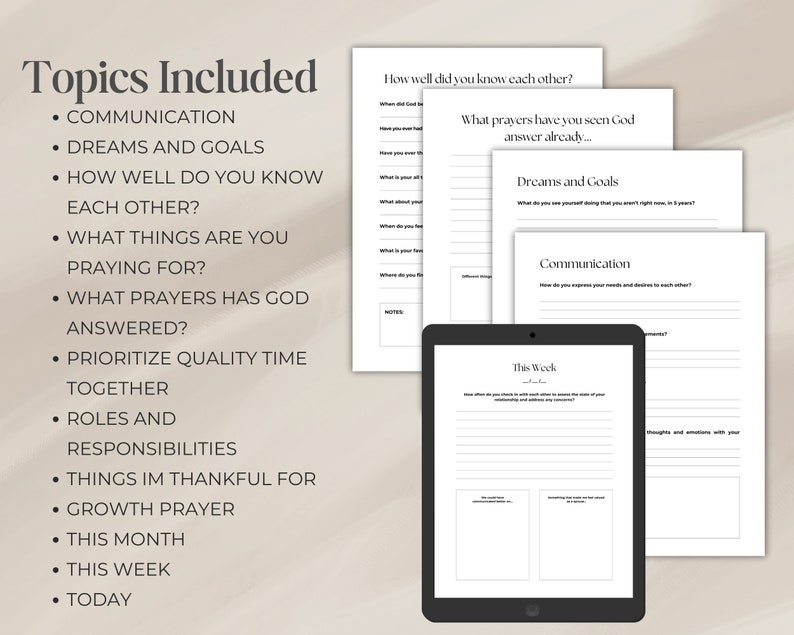 May include: A printable worksheet with a list of topics for couples to discuss, including communication, dreams and goals, and prioritizing quality time together. The worksheet also includes prompts for reflection and prayer.