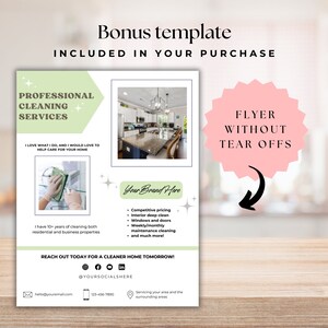 May include: A flyer template for professional cleaning services. The flyer features a photo of a clean kitchen, a graphic of a hand cleaning a surface, and text that says "Professional Cleaning Services". The flyer also includes contact information and a call to action.