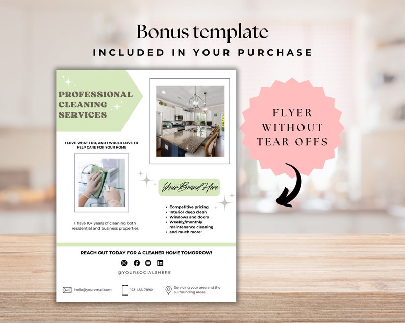 May include: A flyer template for professional cleaning services. The flyer features a photo of a clean kitchen, a graphic of a hand cleaning a surface, and text that says "Professional Cleaning Services". The flyer also includes contact information and a call to action.