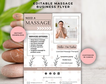 Volantino aziendale modificabile per terapia di massaggio, volantino aziendale per massaggi stampabile, volantino personalizzato per terapia di massaggio, download aziendale di massaggi personalizzati