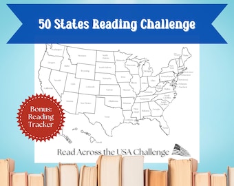 May include: A black and white map of the United States with each state outlined. The map is titled "50 States Reading Challenge" and "Read Across the USA Challenge". A red star with the text "Bonus: Reading Tracker" is in the lower left corner. A stack of books is in the bottom of the image.